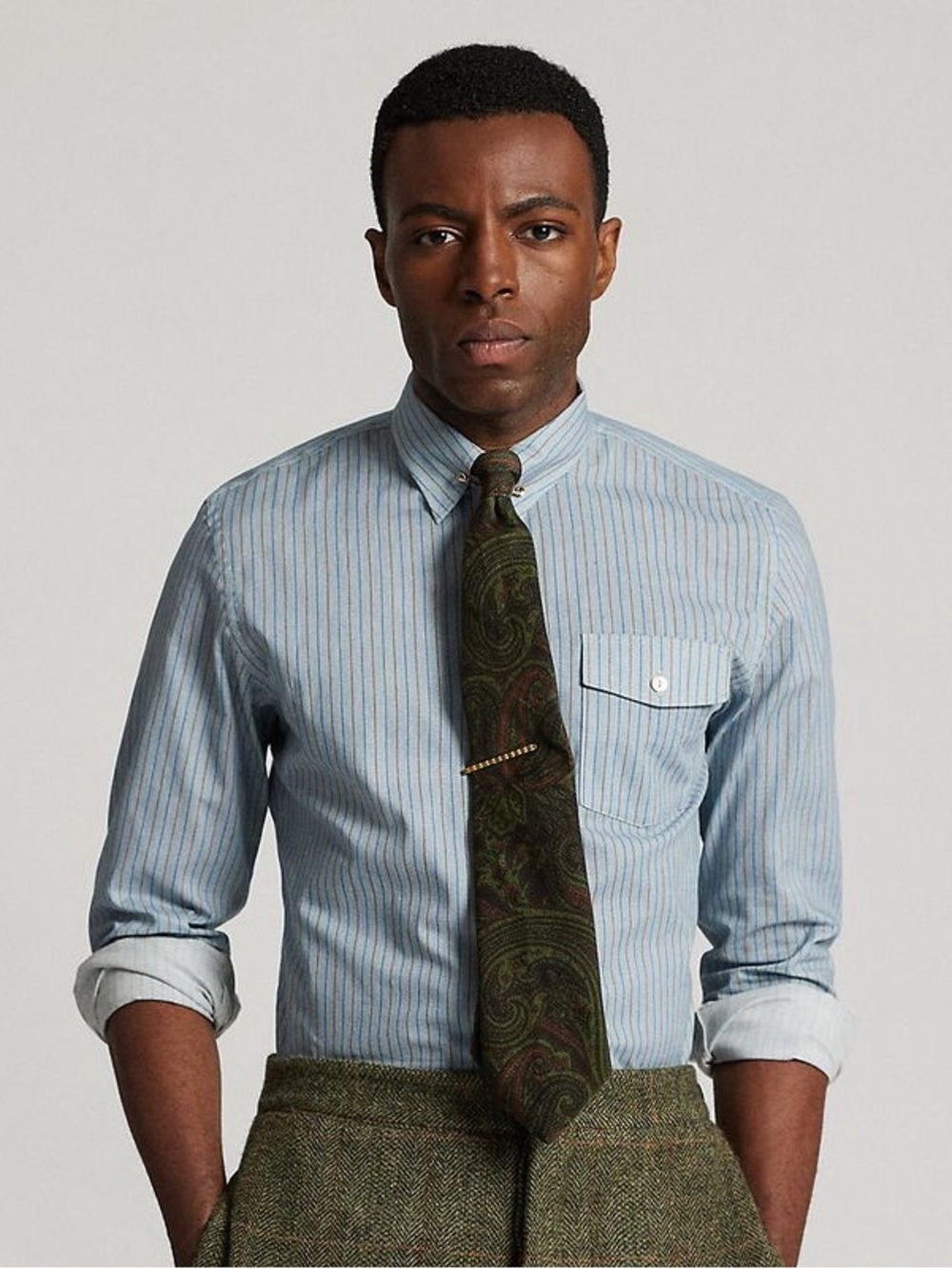 RRL Ralph Lauren Slim Fit Stripe-Print Woven Shirt in Blue Stripe Men’s Size XL